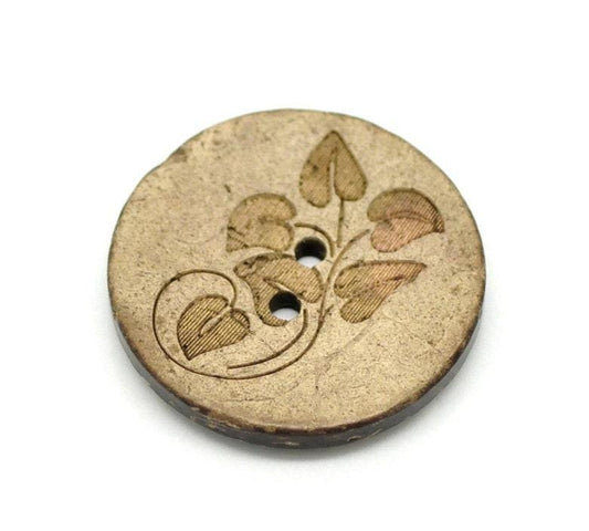 10 Large Wooden Button - 1 inch - 28mm - Wood Buttons - Leaf Pattern - Coconut Wood - 10 pieces