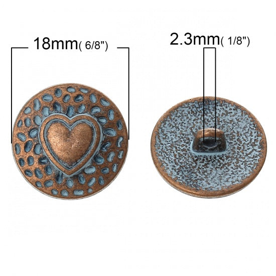 Metal shank sewing buttons - round antique copper patina - Heart Design - 18mm - metal buttons - shank buttons B55752
