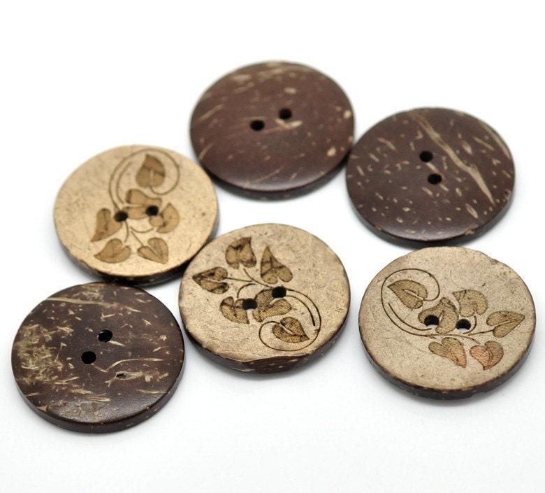 10 Large Wooden Button - 1 inch - 28mm - Wood Buttons - Leaf Pattern - Coconut Wood - 10 pieces