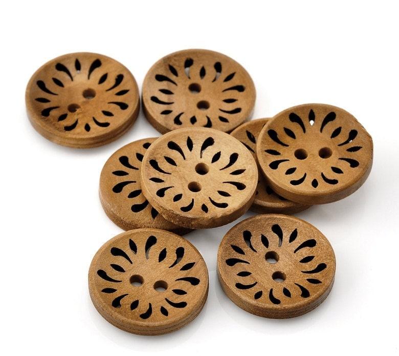 Brown Coffee Carved Wooden Buttons - 23mm (Approx. 1 inch) - 2 Hole - Brown Wood Button (B21510)