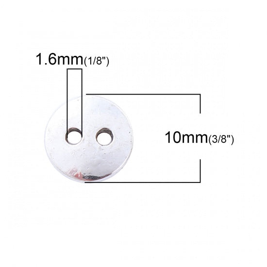Silver Finish Metal Sewing Buttons Round - Lead and Nickel Free - Two Hole - 10mm x 1mm - Hole 1.6mm (228)