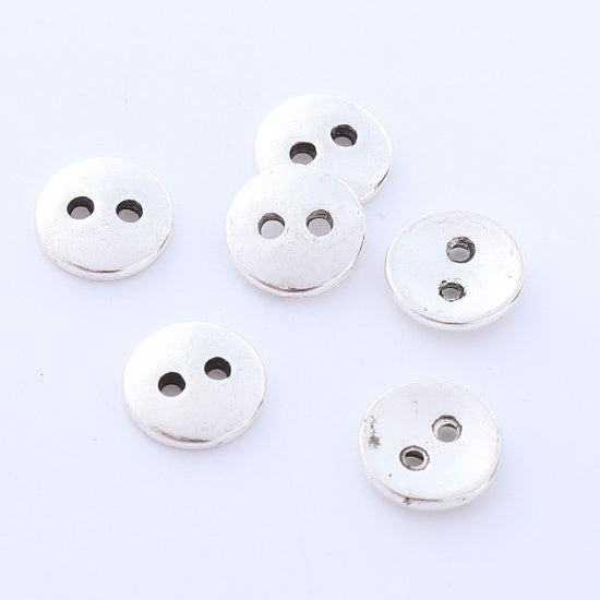 Silver Finish Metal Sewing Buttons Round - Lead and Nickel Free - Two Hole - 10mm x 1mm - Hole 1.6mm (228)