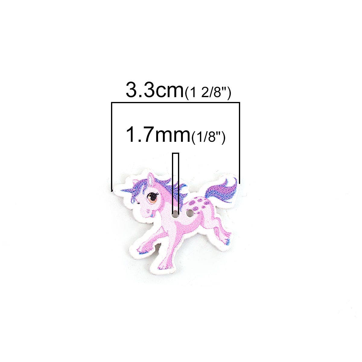 10 Unicorn Wooden Buttons - 33mm (1 2/8") x 28mm (1 1/8") - 2 Hole - Mixed Random Colors Unicorn Wood Button (0098282)