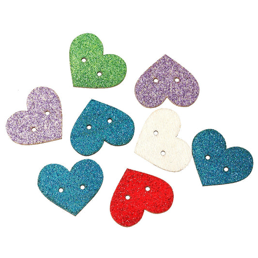 Glitter Heart Mixed Color Wooden Buttons - 30mm x 25mm (1 1/8" x 1")- Valentines Day - Randomly Mixed Glitter Colors - 2 Hole (B53743)