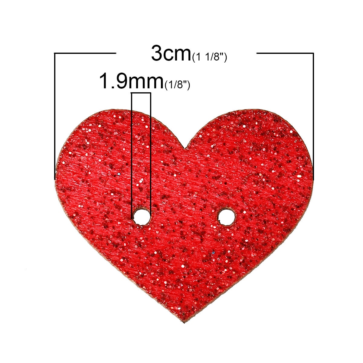 Glitter Heart Mixed Color Wooden Buttons - 30mm x 25mm (1 1/8" x 1")- Valentines Day - Randomly Mixed Glitter Colors - 2 Hole (B53743)