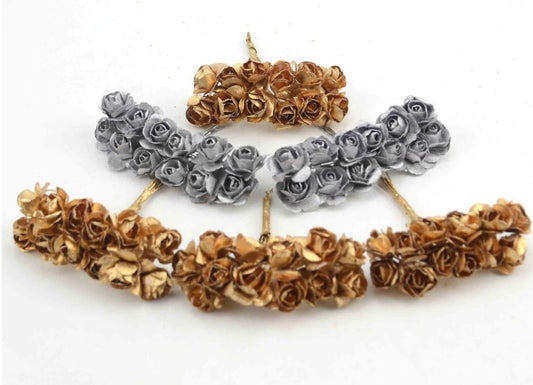 Silver and Gold Mini Paper Flowers - 20mm - Small Paper Roses - Tiny Paper Roses - Stems