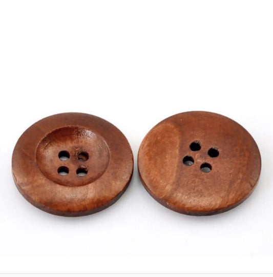 10 Brown Wooden Buttons - 25mm (1 inch) - 4 Holes - Round Sewing Wood Buttons 25mm (1") (21317)