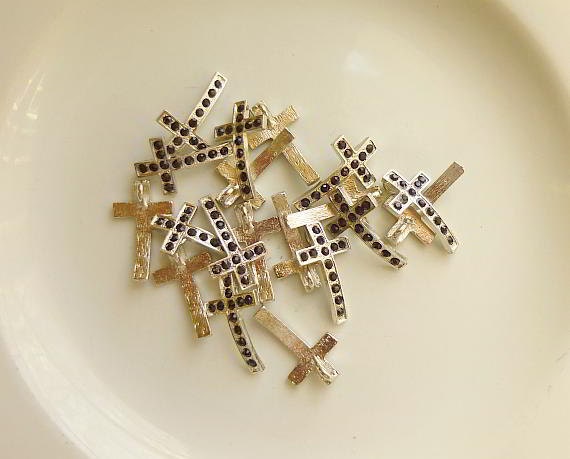 5 Rhinestone Cross Pendant Charm Silver Black Rhinestones 28mm x 17mm - 5 rhinestone cross charm or pendant