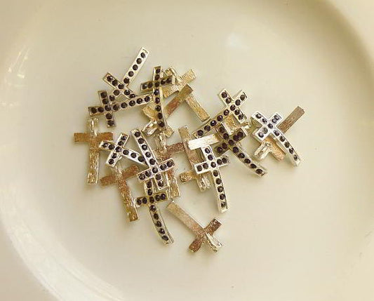 5 Rhinestone Cross Pendant Charm Silver Black Rhinestones 28mm x 17mm - 5 rhinestone cross charm or pendant