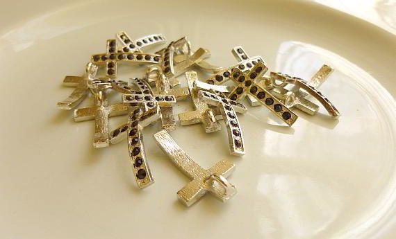 5 Rhinestone Cross Pendant Charm Silver Black Rhinestones 28mm x 17mm - 5 rhinestone cross charm or pendant