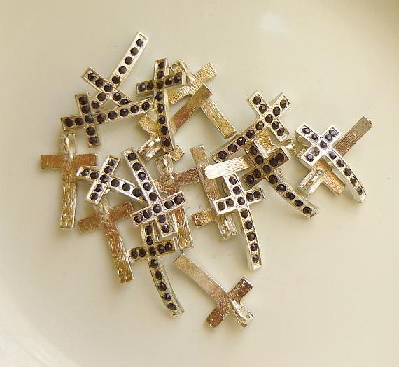 5 Rhinestone Cross Pendant Charm Silver Black Rhinestones 28mm x 17mm - 5 rhinestone cross charm or pendant