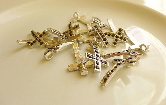 5 Rhinestone Cross Pendant Charm Silver Black Rhinestones 28mm x 17mm - 5 rhinestone cross charm or pendant