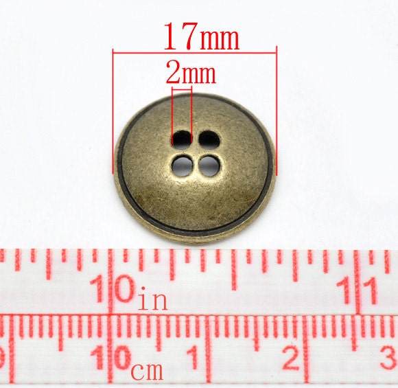 5 Antiqued Bronze Metal Buttons - 17mm - Dome Shaped - 4 Hole - Metal Bronze Button