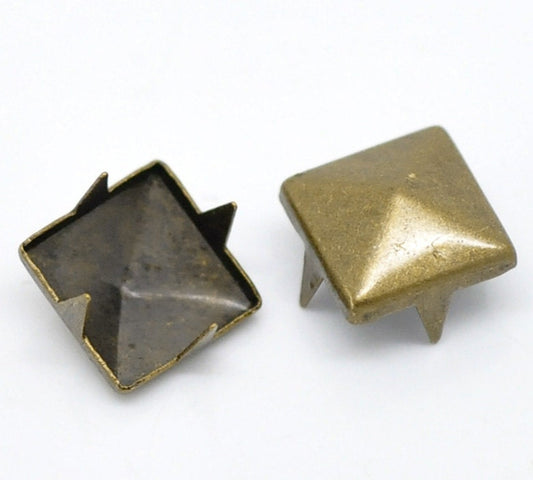 100 Antique Bronze Cone Rivet Stud Spikes - 9mm (3/8") - Square Pyramid - Metal - 4 Legs - Rivets Studs Spike (B18723)