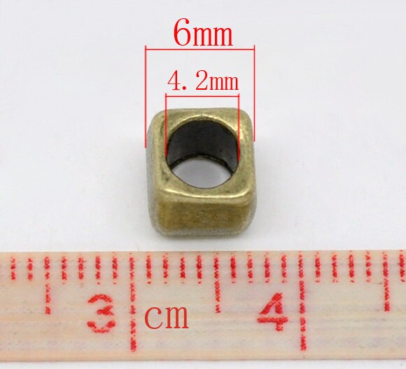 10 Antique Bronze Slider Spacer Beads - 6mm x 6mm - Antiqued Bronze Slider Bead for Leather Cord or Bracelet (B12940)