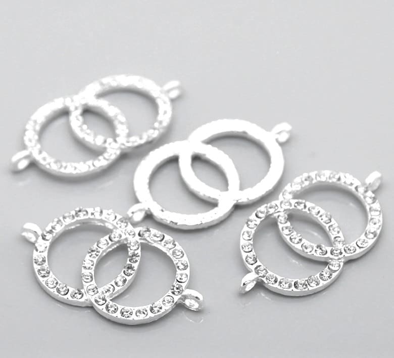 2 Rhinestone Double Dual Ring Connector Charm - Silver Finish - Crystal Rhinestones - 4.2cm x 2.2cm (1 5/8"x7/8") (20858)