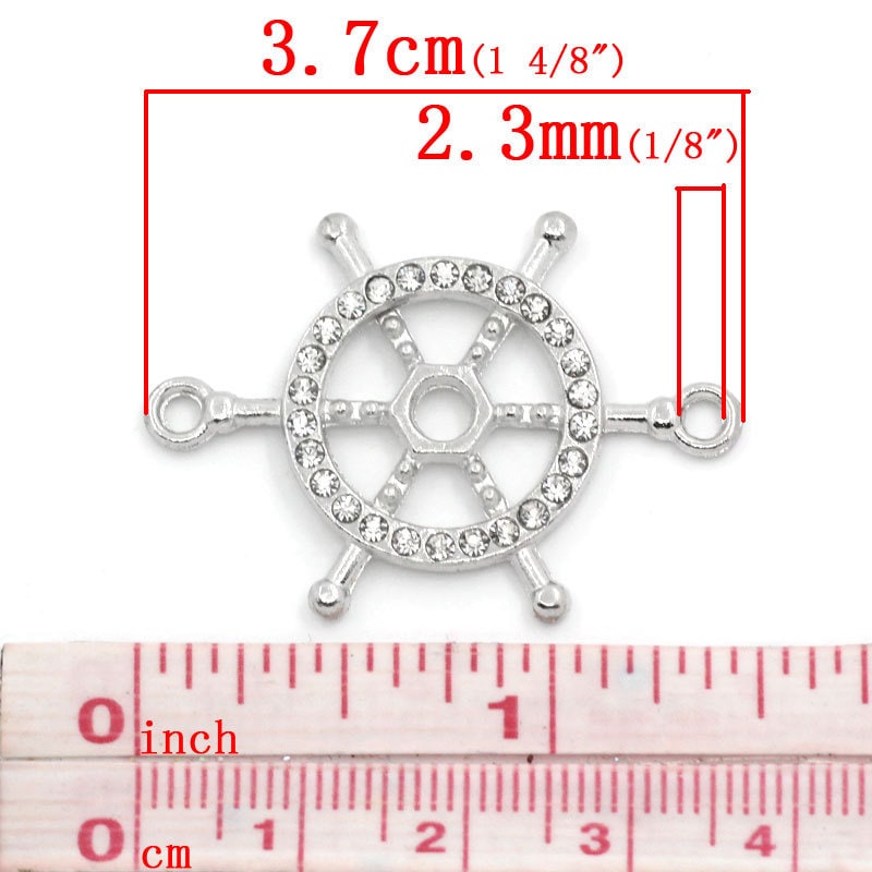 2 Silver Plated Rhinestone Rudder Connector Link - 3.7cm x 2.6cm (1 4/8" x 1") (25104)