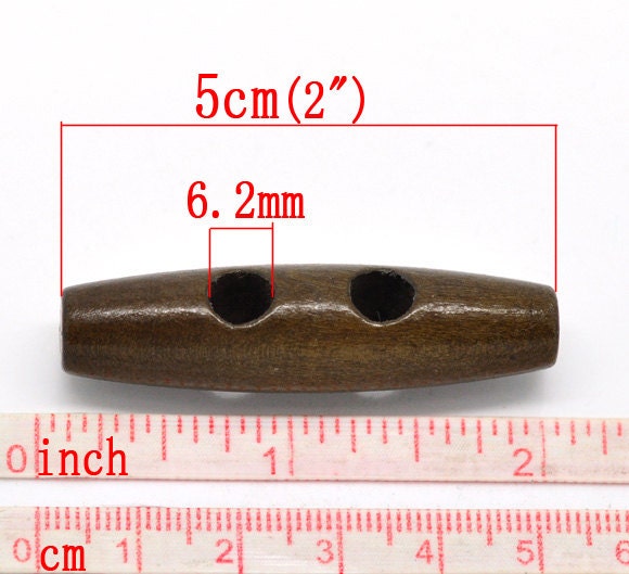 5 Large Toggle Wooden Buttons - Dark Brown Finish - 5cm x 1.3cm (2 inch) - Wood Toggle Button (16974)