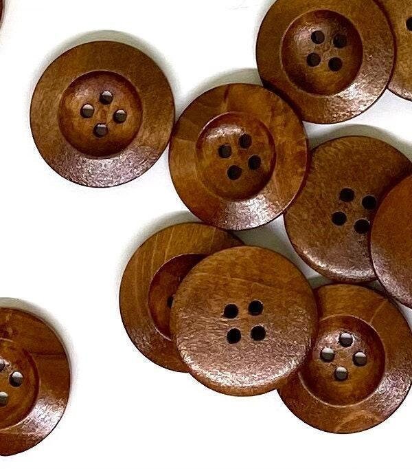 Dark Brown Wooden Buttons - 25mm (1 Inch) - 4 Holes - Round Sewing Wood Buttons 25mm (1") (040991)