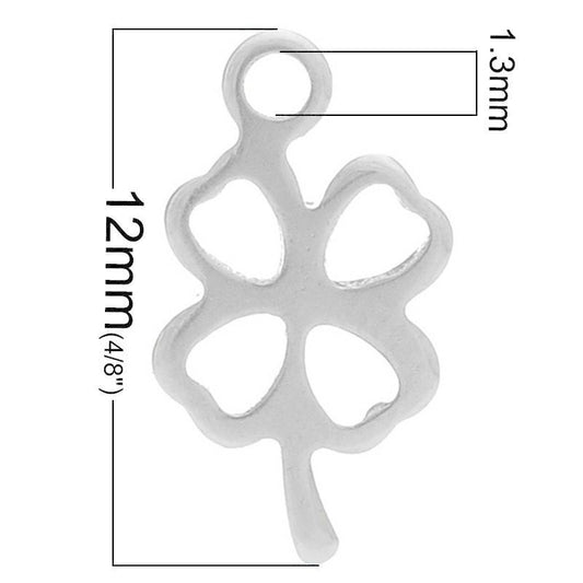 2 Stainless Steel Charms Pendants - Clover - 12mm x7mm(1/2" x 1/4") - Silver Finish - Metal Charm or Pendants (28776)