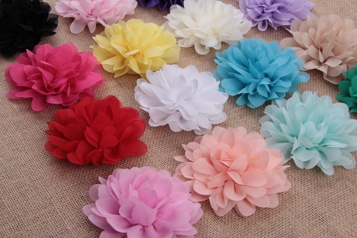 FUSHIA Dark Pink - Large Chiffon Flowers - 4 Inch - Wedding Chiffon Petal Flowers - Headband Fabric Chiffon Flowers - Chiffon Puff Flower