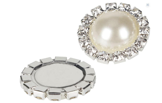 10 Ivory White Pearl Rhinestone Flatback Button - Silver - 18mm Metal Button - Pearl Rhinestone Buttons - Hair Bow Centers (PWRB-S020-07)