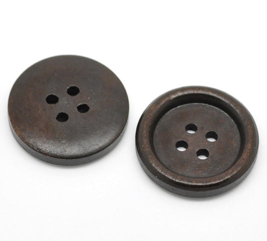 10 Dark Brown Coffee Wooden Button - 25mm - 1 inch - 4 hole - Wood Buttons (19498)