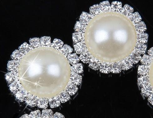 20 Ivory White Pearl Rhinestone Flatback Button - Silver - 18mm Metal Button - Pearl Rhinestone Buttons - Hair Bow Centers (PWRB-S020-07)