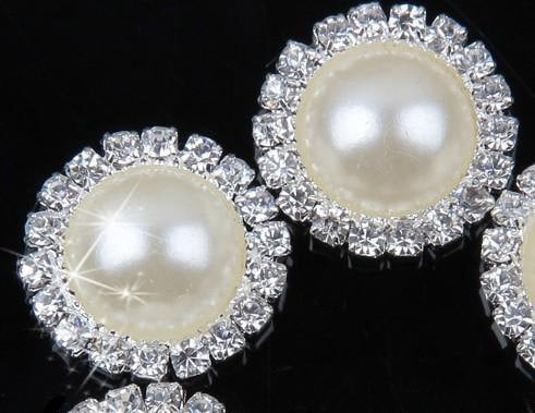 5 Ivory White Pearl Rhinestone Flatback Button - Silver - 18mm Metal Button - Pearl Rhinestone Buttons - Hair Bow Centers (PWRB-S020-07)