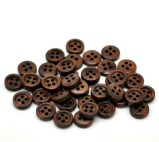 100 Dark Brown Wooden Buttons - 11mm - 4 Hole
