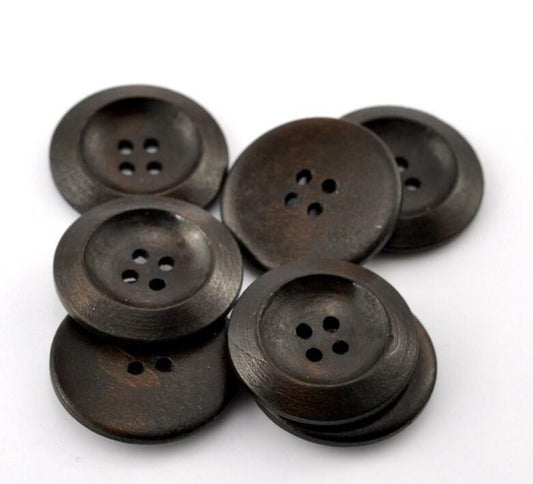 10 Dark Brown Coffee Wooden Buttons - Brown Finish 25mm (Approx. 1 inch)  - 4 Ho