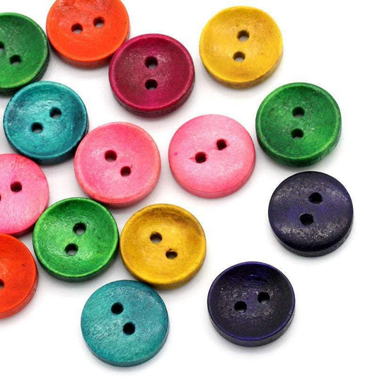 100 Mixed Color Wooden Buttons 15mm 5/8 inch 2 Hole - Wood Button 23788