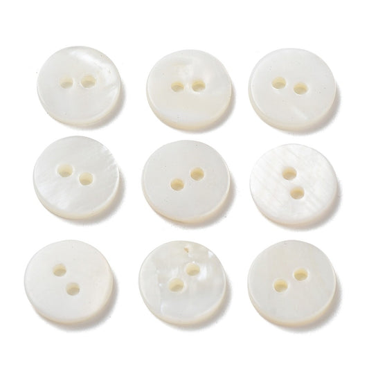 White Natural Shell Buttons - Mother of Pearl MOP - 10mm 2 Hole - Flat Natural S