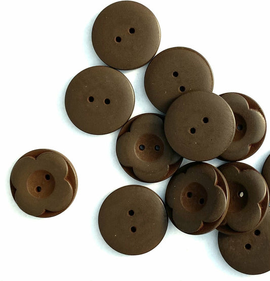 Dark Brown Carved Wooden Buttons - Carved Flower - 25mm (1 inch) - 2 Holes