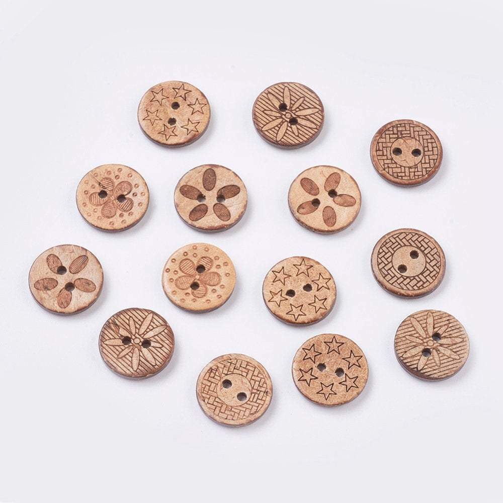 10 Bulk Mixed Coconut Shell Wooden Buttons - 17mm (5/8 inch) - 2 Hole