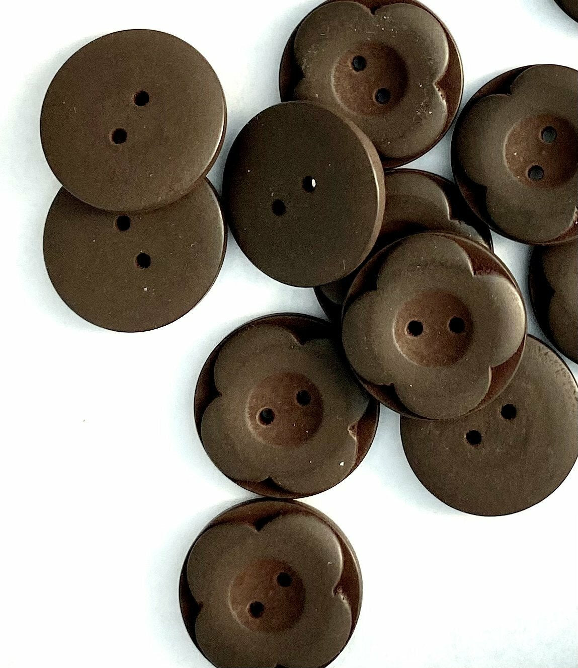 Dark Brown Carved Wooden Buttons - Carved Flower - 25mm (1 inch) - 2 Holes