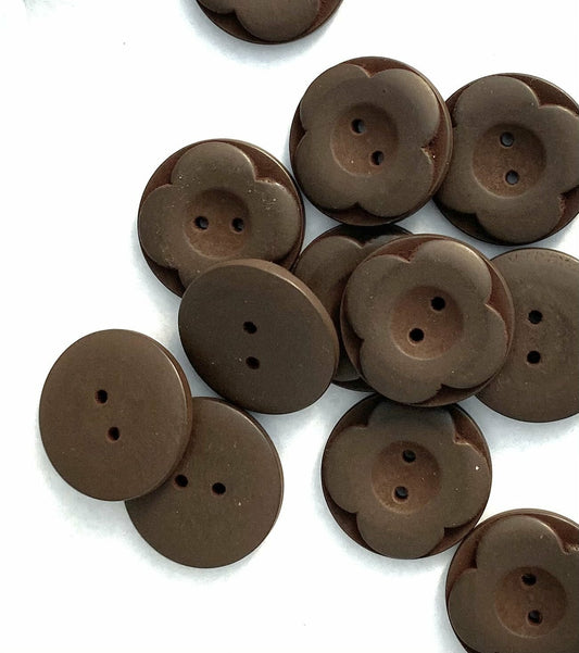 Dark Brown Carved Wooden Buttons - Carved Flower - 25mm (1 inch) - 2 Holes