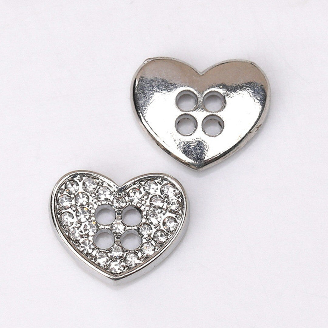 Silver Heart Buttons with Rhinestones - 12mm x 10mm - 2 Hole - Mini Silver Heart