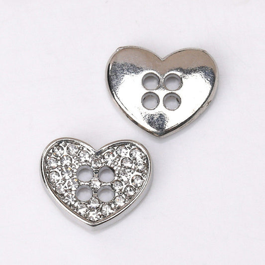 Silver Heart Buttons with Rhinestones - 12mm x 10mm - 2 Hole - Mini Silver Heart