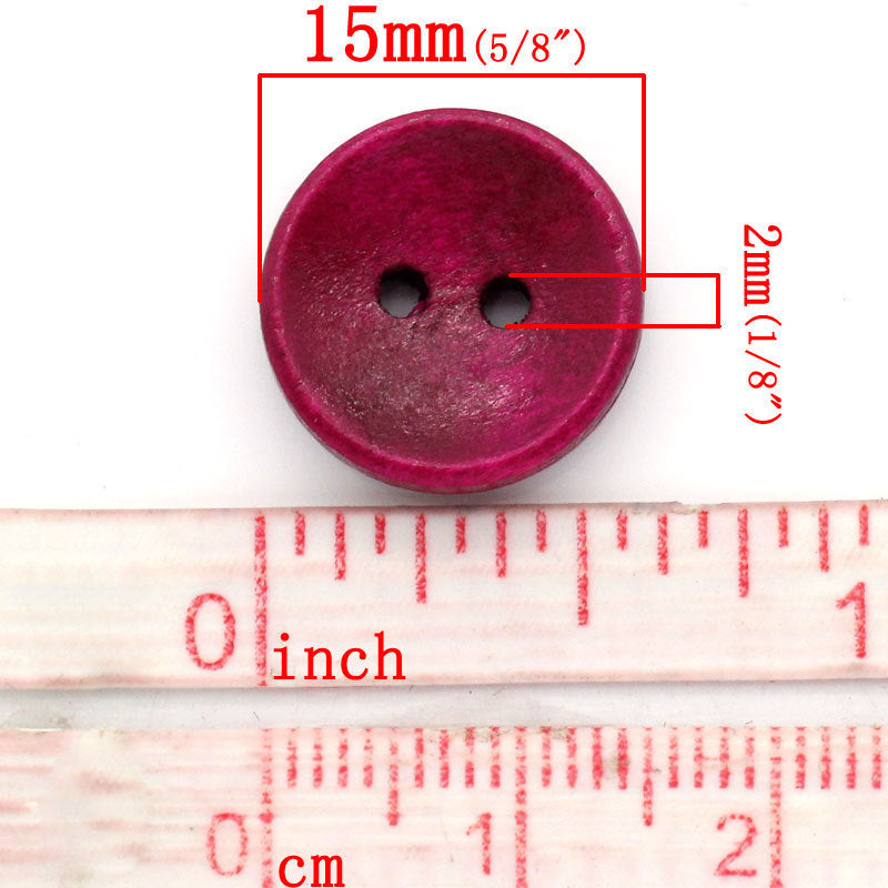 100 Mixed Color Wooden Buttons 15mm 5/8 inch 2 Hole - Wood Button 23788