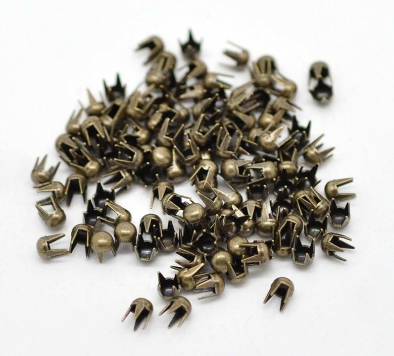 100 Antique Bronze Cone Rivet Stud Spikes - 3mm - Round Dome - Metal - 4 Legs -