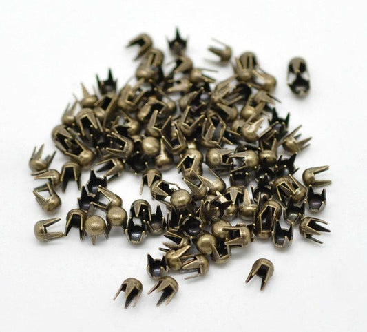 100 Antique Bronze Cone Rivet Stud Spikes - 3mm - Round Dome - Metal - 4 Legs -