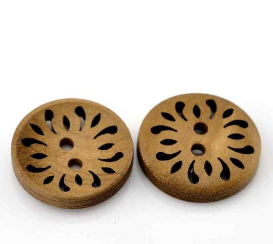 Brown Coffee Carved Wooden Buttons - 23mm (Approx. 1 inch) - 2 Hole - Brown Wood