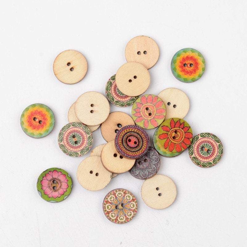 10 Bulk Mixed Color Wooden Buttons - 20mm (3/4 inch) - 2 Hole - Assorted Mixed D