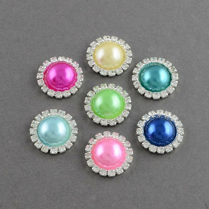 2 Mixed Color Pearl Rhinestone Flatback Button - Silver - 20mm Metal Embellishme