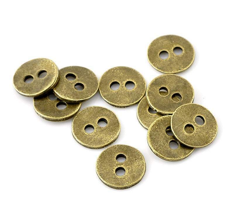 10 Antique Bronze Metal Button - 2 Holes - 11mm (3/8")