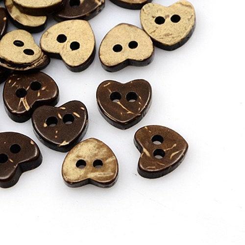 Heart Shaped Coconut Shell Wooden Buttons - 10mm x 10mm - Hole: 1mm - Wood Butto