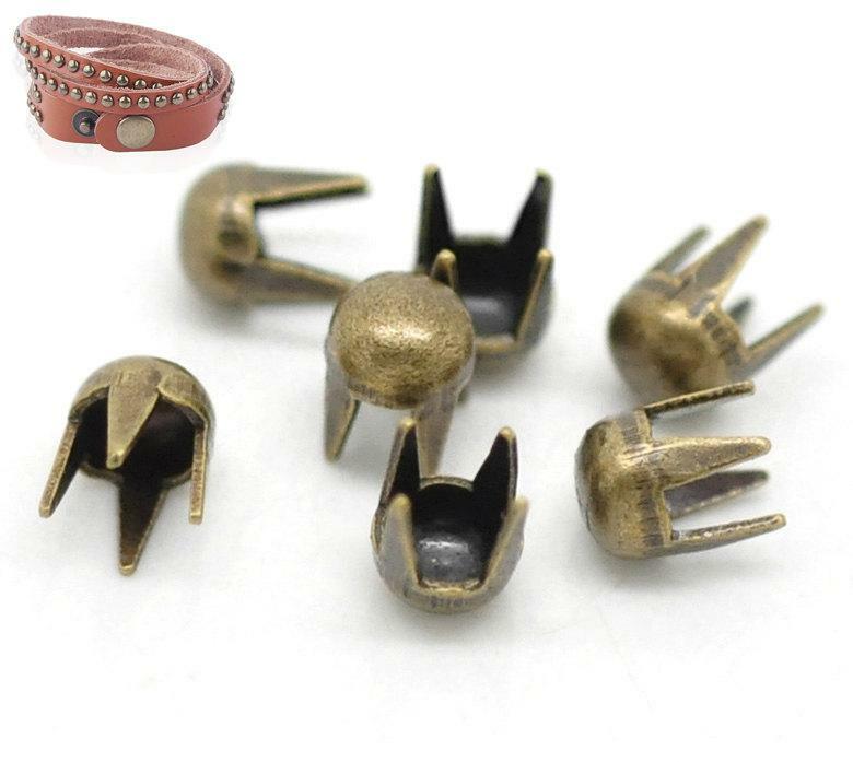 100 Antique Bronze Cone Rivet Stud Spikes - 3mm - Round Dome - Metal - 4 Legs -