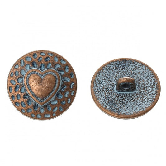 Metal shank sewing buttons - round antique copper patina - Heart Design - 18mm - metal buttons - shank buttons B55752