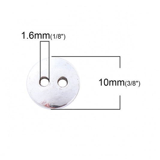 Silver Finish Metal Sewing Buttons Round - Lead and Nickel Free - Two Hole - 10mm x 1mm - Hole 1.6mm (228)